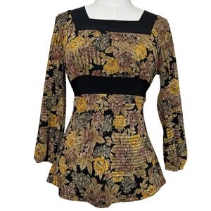 Vintage Babydoll Black Floral Long Sleeve Square Neck Peplum Top Tie Back Small